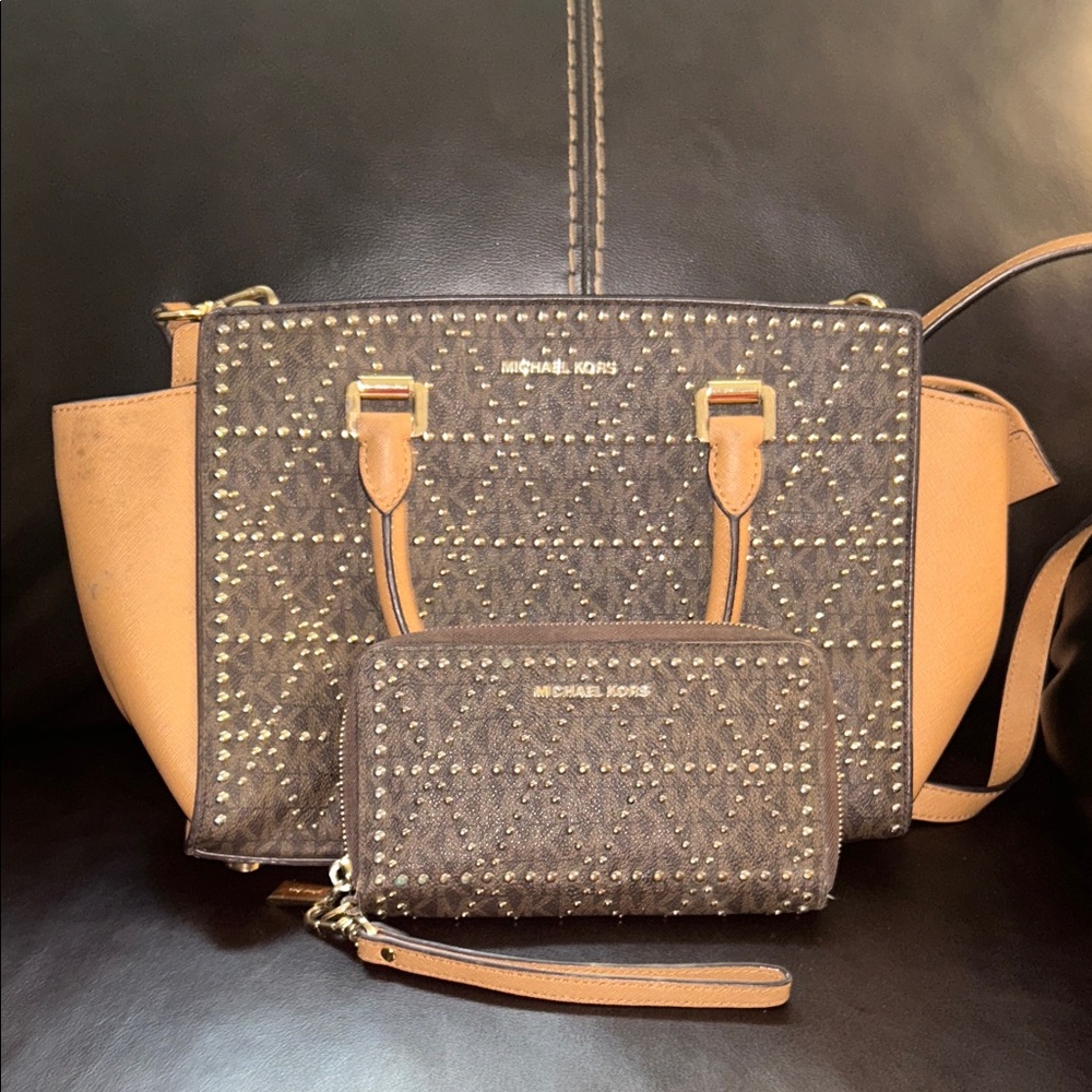 Michael Kors Studded Satchel and Wallet Set in Brown and Tan